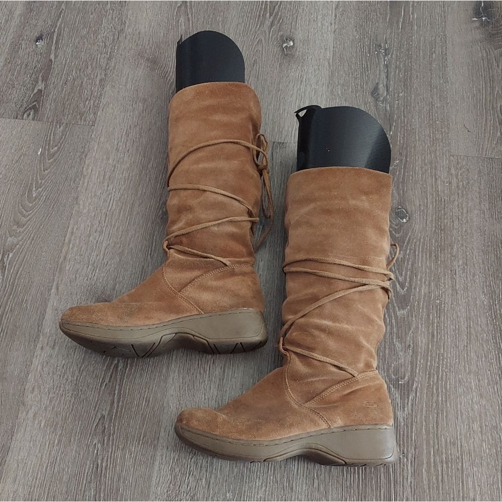 Vtg SKECHERS Tan Suede Leather Slouch Boot Mid Calf Tie Wrap Winter - Size 7